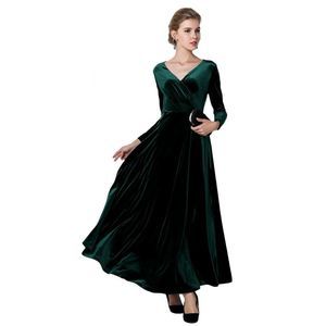 Urban CoCo Women Long Sleeve V-Neck Velvet Stretchy Long Dress (Large, Green),